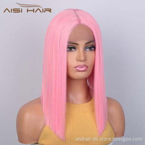 Aisi Hair Medium Long 16 Inch Cosplay Pink Wig Front Lace Wig Silky Straight Synthetic Lace Frontal Hair Wigs For Black Women